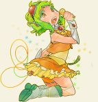  boots goggles goggles_on_head green_eyes green_hair gumi kneeling microphone open_mouth short_hair singing skirt solo vocaloid 