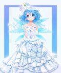  alternate_costume bare_shoulders blue_eyes blue_hair cirno dress flower gloves highres leaf looking_at_viewer same_2009 short_hair simple_background smile solo strapless_dress touhou v wedding_dress white_gloves wings 