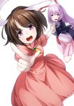  2girls animal_ears blush brown_hair holding_hands inaba_tewi kyon_(fuuran) looking_at_viewer multiple_girls open_mouth pointing purple_hair rabbit_ears red_eyes reisen_udongein_inaba short_hair simple_background skirt touhou violet_eyes white_background 