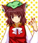  animal_ears aokawa_(blue_river) ascot brown_hair cat_ears chen earrings hat jewelry lowres nail_polish ribbon ringed_eyes solo star starry_background touhou wavy_hair 