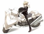  ahoge alucard_(artist) blonde_hair fate/stay_night fate/zero fate_(series) formal green_eyes helmet huazang long_hair motor_vehicle motorcycle motorcycle_helmet pant_suit ponytail saber solo suit vehicle 