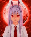  animal_ears bunny_ears bust dress_shirt face full_moon lavender_hair long_hair looking_at_viewer moon necktie portrait purple_hair red red_background red_eyes red_moon reisen_udongein_inaba shirt solo straight_hair touhou zerogyakuten 