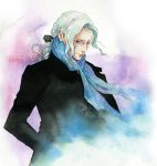  blue_eyes bow coat grey_eyes grey_hair hair_bow long_hair male nekorin99 ponytail scarf silver_hair solo tiger_&amp;_bunny traditional_media watercolor_(medium) yuri_petrov 