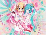  aqua_hair blonde_hair blue_eyes hatsune_miku kagamine_rin pink twintails vocaloid 