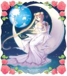  bare_shoulders bishoujo_senshi_sailor_moon blonde_hair blue_eyes bow crescent_moon double_bun dress facial_mark flower forehead_mark hobak long_hair moon planet princess princess_serenity red_rose rose sitting solo tsukino_usagi twintails 