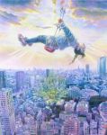  1girl child city cityscape cloud hashimoto_reina oil_painting_(medium) original sky skyline solo sunbeam sunlight swing tokyo_(city) traditional_media twintails 