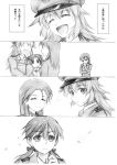  charlotte_e_yeager closed_eyes comic eyes_closed francesca_lucchini gertrud_barkhorn hat kisetsu long_hair military military_uniform minna-dietlinde_wilcke monochrome multiple_girls open_mouth peaked_cap smile strike_witches translated translation_request twintails uniform 