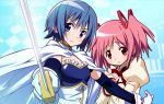  armband blue_eyes blue_hair cape gloves hair_ribbon kaname_madoka magical_girl mahou_shoujo_madoka_magica miki_sayaka multiple_girls nyoronyoro pink_eyes protect protecting ribbon school_uniform short_hair short_twintails sword twintails weapon 