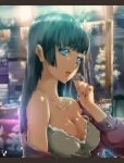  bad_id bare_shoulders blue_eyes breasts cleavage collarbone dress letterboxed lips long_hair makeup mole nail_polish no_bra off_shoulder original solo strapless_dress viola_(seed) 