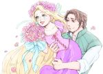  1girl blonde_hair bouquet disney flower flynn_rider holding kanaharu_0401 long_hair rapunzel_(disney) tangled wreath 