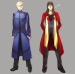  adult bad_id brown_hair cigar fate/stay_night fate/zero fate_(series) formal grey_background kayneth_archibald_el-melloi long_hair lord_el-melloi_ii male multiple_boys ousder scarf short_hair smoke spoilers suit time_paradox waver_velvet 