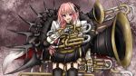 armor black_legwear black_ribbon braid cape fang fate/apocrypha fate/stay_night fate_(series) faulds fur_trim garter_straps garters gauntlets hair_ribbon highres holding horn horn_(instrument) hozenkakari instrument long_hair looking_at_viewer male open_mouth pink_hair purple_eyes ribbon rider_of_black side_braid simple_background single_braid skeleton skirt smile solo thighhighs trap 