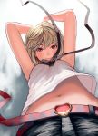  blonde_hair brown_eyes copyright_request highres midriff navel perspective short_hair upshirt zerogyakuten 