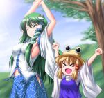  &gt;_&lt; \o/ armpits arms_up blonde_hair blush_stickers breasts closed_eyes detached_sleeves fang frog green_eyes green_hair hair_ornament hat highres kochiya_sanae long_hair moriya_suwako multiple_girls navel nori_tamago open_mouth outstretched_arms short_hair sideboob snake stretch touhou wince 