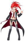  armband artist_request boots coat cul long_hair nail_polish navel official_art outstretched_arm ponytail red_eyes red_hair short_shorts shorts solo striped striped_legwear thighhighs vocaloid 