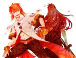  2boys aqua_eyes asch bad_id belt coat fingerless_gloves from_behind gloves long_hair luke_fon_fabre male midriff multiple_boys pants red_hair redhead scabbard sheath smile tales_of_(series) tales_of_the_abyss white_background 