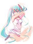  aqua_eyes aqua_hair arms_up bad_id bare_shoulders camisole covering covering_face covering_mouth hatsune_miku legs long_hair looking_at_viewer panties pink_panties simple_background sketch solo stare twintails ume_(plumblossom) underwear vocaloid 