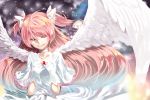  1girl angel_wings bow choker dress galaxy gloves goddess_madoka hair_bow kaname_madoka long_hair mahou_shoujo_madoka_magica pink_hair shiroro1205 short_twintails smile solo space spoilers twintails two_side_up ultimate_madoka 