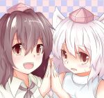  blush checkered checkered_background hand_holding holding_hands inubashiri_momiji multiple_girls shameimaru_aya smile sweatdrop taka touhou 