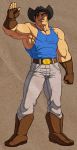  alternate_costume belt_buckle boots cowboy_boots cowboy_hat fingerless_gloves gloves hat jeans jiggeh josef_axner male muscle simple_background solo street_fighter tank_top thunder_hawk 