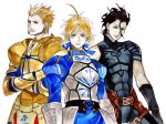  2boys ahoge androgynous armor black_hair blonde_hair breadmonster crossed_arms earrings fate/stay_night fate/zero fate_(series) gilgamesh green_eyes jewelry lancer_(fate/zero) mole multiple_boys red_eyes saber yellow_eyes 