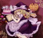  :q apron blonde_hair book cake candy chocolate colored_eyelashes cup flower food frilled_skirt halloween hat hose_beniko jack-o&#039;-lantern jack-o'-lantern kirisame_marisa lollipop long_skirt lying puffy_sleeves pumpkin red_rose rose short_sleeves skirt solo star sweets tea teacup teapot tongue touhou traditional_media witch witch_hat 