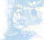  beads blue bracelet character_request closed_eyes copyright_request cup drinking eyes_closed full_moon janapese+clothes japanese_clothes jewelry kaze-hime kneeling male monochrome moon sitting sky solo star watermark 