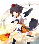  black_hair black_legwear black_wings blueberry_(5959) breasts detached_wings fan feathers hat highres looking_at_viewer necktie open_mouth payot pose red_eyes shameimaru_aya shirt short_hair skirt smile solo tokin_hat touhou wings 