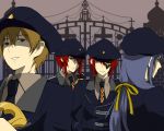  4boys ace_(kuni_no_alice) alternate_costume brown_hair cross dual_persona eyepatch gate grin guards hair_ribbon hand_on_hip hat heart heart_no_kuni_no_alice hips joker_(kuni_no_alice) julius_monrey multiple_boys necktie nonn peaked_cap purple_eyes purple_hair red_eyes red_hair redhead ribbon shaded_faced smile uniform violet_eyes weapon 