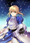  ahoge armor armored_dress blonde_hair dress fate/stay_night fate/zero fate_(series) faulds gauntlets green_eyes hair_ribbon harimoji looking_at_viewer magic outstretched_hand ribbon saber smile solo 