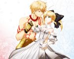  1boy 1girl ahoge armor bare_shoulders blonde_hair bow detached_sleeves fate/stay_night fate/unlimited_codes fate_(series) gauntlets gilgamesh gloves green_eyes hair_bow jewelry necklace ponytail red_eyes saber saber_lily short_hair tacho 