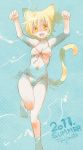  2011 afloat ahoge animal_ears armpits arms_up bare_legs barefoot bikini blonde_hair cat_ears cat_tail feet foreshortening from_above front-tie_top halftone halftone_background legs marufuji navel open_mouth orange_eyes original partially_submerged paw_pose short_hair side-tie_bikini smile solo strap_gap submerged swimsuit tail thigh_gap water zanshomimai 