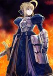  ahoge armor bad_id blonde_hair blue_eyes fate/stay_night fate_(series) fire gauntlets lack saber short_hair solo sword weapon 