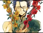  armor black_hair closed_eyes eyes_closed fate/stay_night fate/zero fate_(series) flower gae_buidhe gae_dearg lancer_(fate/zero) male mole mooche polearm red_rose rose solo spear weapon yellow_rose 