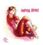  2010 alternate_color andrea_cofrancesco ass boots brown_hair bun_cover capcom china_dress chinese_clothes chun-li double_bun earrings grain_gnome happy_new_year highres jewelry leaning_back lipstick new_year pantyhose sash sitting solo street_fighter thick_thighs thighs 