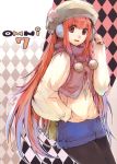 1girl absurdres argyle argyle_background brown_hair character_request copyright_request earmuffs fujishima hat highres long_hair long_sleeves orange_hair pantyhose shorts sleeves_past_wrists smile solo turtleneck winter_clothes