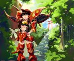  absurdres black_hair breasts crossover detached_sleeves gundam gundam_zz hakurei_reimu highres mecha_musume midriff miko nanaya777 ofuda qubeley_mk_ii torii touhou under_boob underboob 