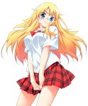  &gt;:) ben-tou blonde_hair blue_eyes blush breasts covering covering_crotch dress_shirt glasses hoshizaki_hikaru long_hair plaid plaid_skirt school_uniform shaga_ayame shirt skirt skirt_tug smile solo 