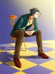  ahoge black_hair casual chair changye checkered checkered_floor fate/stay_night fate/zero fate_(series) lancer_(fate/zero) male mole scarf sitting solo yellow_eyes 