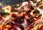  bare_shoulders boots butterfly detached_sleeves fire flame flower horns koumakan-maid long_hair pixiv_fantasia pixiv_fantasia_5 red_eyes red_rose rose solo twintails white_hair 