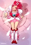  boots bow choker cure_blossom earrings from_above hair_bow hair_ornament hanasaki_tsubomi heartcatch_precure! jewelry lips magical_girl nose petals pink_hair ponytail precure solo teruchan 