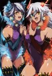  :d bad_id cardfight!!_vanguard crimson_beast_tamer detached_sleeves earrings fire flame hand_holding heterochromia holding_hands ice jewelry multiple_girls open_mouth pale_moon pointy_ears ren_(pixiv) siblings sisters smile thigh-highs thighhighs turquoise_beast_tamer twins 