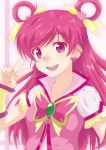  brooch butterfly colored_eyelashes cure_dream earrings flower hair_rings jewelry long_hair magical_girl makina pink pink_eyes pink_hair pink_rose precure rose smile solo v yes!_precure_5 yumehara_nozomi 