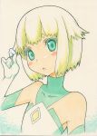  :o bare_shoulders blonde_hair bust colored_eyelashes element_hunters flat_chest green_eyes hair_twirling hands juno_(element_hunters) looking_at_viewer marker_(medium) millipen_(medium) pinky_out shirohebidou short_hair solo traditional_media 