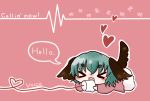  &gt;_&lt; :3 animal_ears chibi closed_eyes cup dress english eyes_closed green_hair heart heart_of_string kasodani_kyouko on_stomach open_mouth phone red_tuna short_hair smile solo speech_bubble string string_phone tail touhou x3 