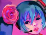  aqua_hair blue_eyes flower hair_ornament hatsune_miku lipstick makeup red_rose rose solo unhai vocaloid 