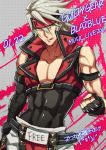  1boy abs belt_buckle blazblue clenched_fist cosplay fingerless_gloves gloves guilty_gear headband heterochromia jou_(mono) muscle popped_collar ragna_the_bloodedge short_hair silver_hair single_elbow_glove sol_badguy sol_badguy_(cosplay) solo 