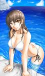  210ten arm_support bare_shoulders bikini breasts brown_hair cleavage copyright_request front-tie_top halterneck leaning_forward long_hair side-tie_bikini smile solo swimsuit wading water wet wet_hair white_bikini 