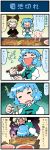  4koma =_= ^_^ artist_self-insert blonde_hair blue_hair bow brown_eyes chopsticks closed_eyes comic eyes_closed faceplant food grill hair_bow highres kurodani_yamame meat mizuki_hitoshi multiple_girls open_mouth plate shirt shirt_grab sitting skirt sleeping smile table tatara_kogasa touhou translated translation_request 