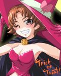  adjusting_hat breasts brown_eyes brown_hair cape earrings gloves grin halloween hat jack-o&#039;-lantern jack-o'-lantern jewelry matsushima_kei natsuki_rin precure pumpkin short_hair smile solo trick_or_treat wink witch yes!_precure_5 